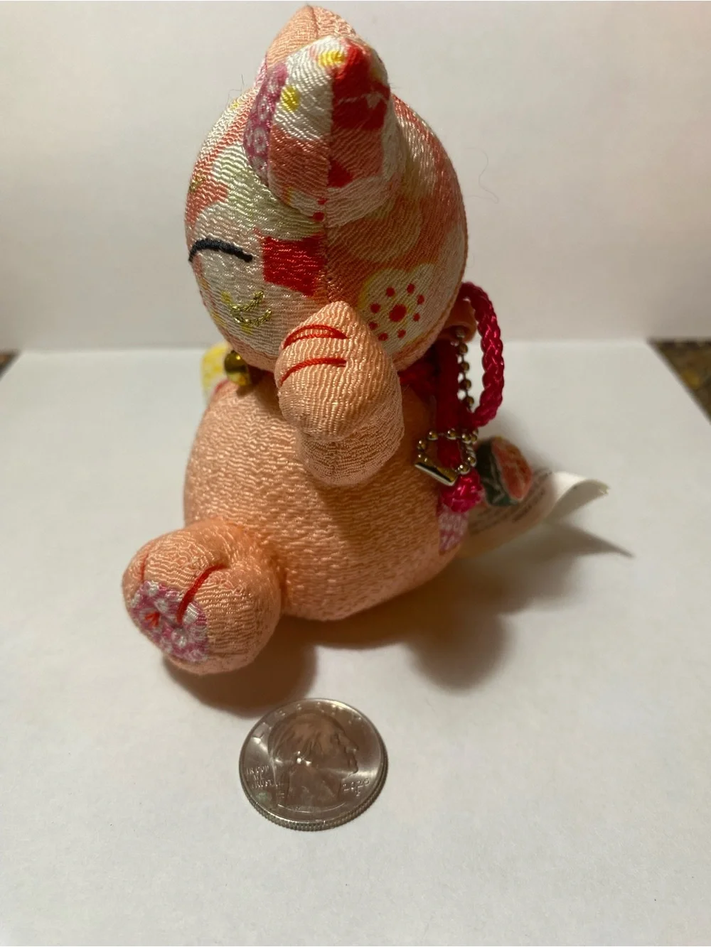 Peach Fabric Lucky Cat Key & Card Holder Charm